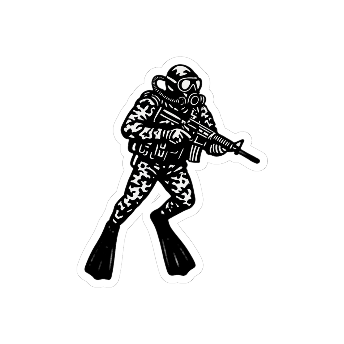 and white wall sticker of a soldier in diving gear, holding a rifle